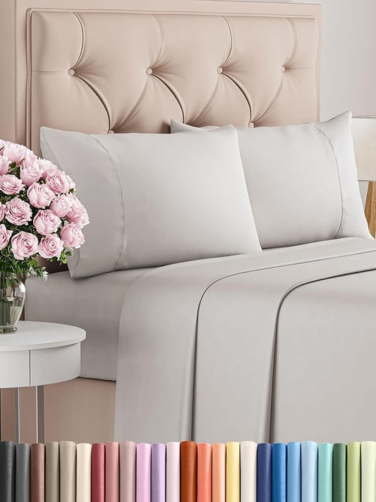 CGK Linens Twin 4 Piece Sheet Set - Cooling Sheets for Hot Sleepers - Hotel Luxury Bedding Set w/ 8-16 Inch Deep Pockets - 1 Flat & 1 Fitted & 2 Pillowcases - Soft, Comfy & Wrinkle Free - French Grey