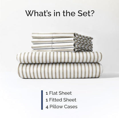 CGK Linens Queen 6 Piece Sheet Set - Cooling Sheets for Hot Sleepers - Hotel Luxury Bedding Set with 8-16 Inch Deep Pockets - 1 Flat & 1 Fitted & 4 Pillowcases - Soft & Wrinkle Free - Beige Stripes