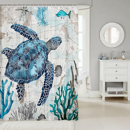 Feelyou Sea Turtle Shower Curtain Ocean Theme Fabric Shower Curtain for Kids Boys Girls Nautical Bathroom Waterproof Accessories with 12 Hooks Ocean Creature Curtains,72x84 Inches