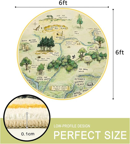 Estmy 6ft Washable Round Nursery Rug, Cute Woodland Kids Play Mat for Girls Boys Neutral Soft Crawling Play Mat for Classroom Children Toddlers Bedroom Easy to Clean, 100 Acre Wood Map Rug