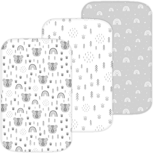 TansyPanda Bassinet Sheets for Cloud Baby, Yacul, Dream On Me Traveler, Skylar, BabyBond, Simmons, 3 Pack, 33x20 in, Ultra Soft, Breathable Snug Fit, Unisex Boys Girls, Gray White (Woodland Rainbow)