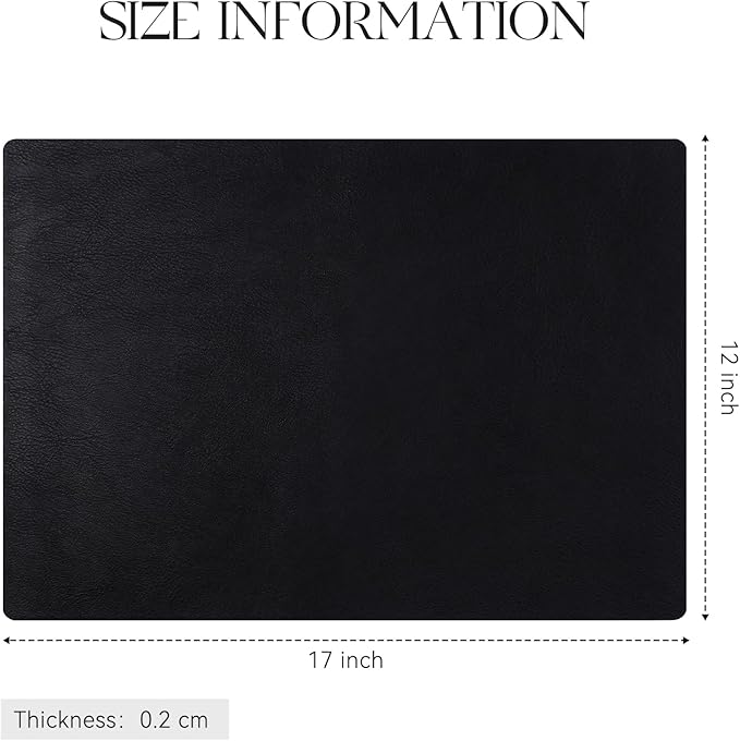 MOSAYT Vinyl Placemats Set of 12-12 X 17 Inch - Faux Leather 100% Waterproof Oil-Proof Wipeable PU Place Mats, Heat Resistant Reversible Table Mats for Kitchen, Dining, Outdoor (Black)