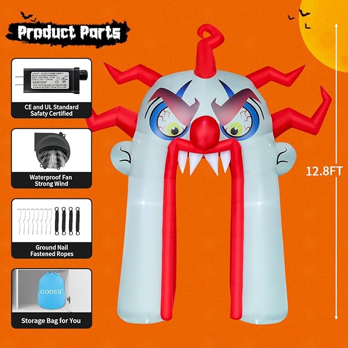 GOOSH 12.8 FT Halloween Inflatables Clown Archway Outdoor Decorations Blow Up Yard with Halloween Arch Built-in LEDs for Garden Lawn Indoor Party Decor