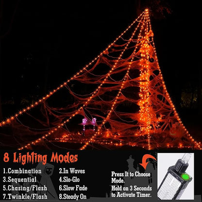Halloween Spider Web Lights Decoration 250LED Light up Spider Webs Halloween Decorations Outdoor with 59" Large Spider & 3.53oz Stretch Cobweb 16.4Ft Giant Web with 8 Modes, Orange