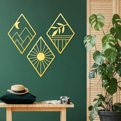 Sokurdeg Gold Metal Wall Art, Boho Minimalist Geometry, Bohemian Abstract Line Metal Art for Bedroom Bathroom Living Room (3 Pack, 12 x 17 in)