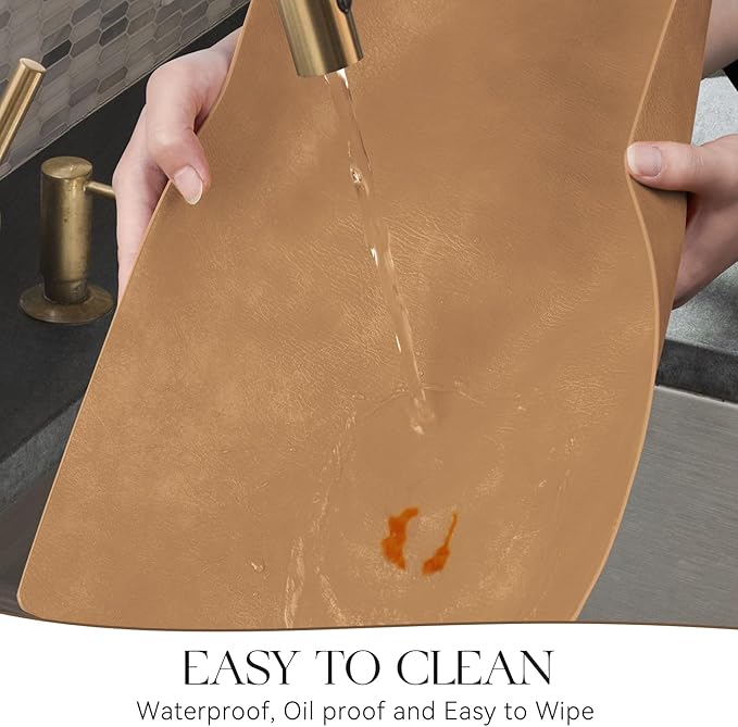 MOSAYT Vinyl Placemats Set of 8-12 X 17 Inch - Faux Leather 100% Waterproof Oil-Proof Wipeable PU Place Mats, Heat Resistant Reversible Table Mats for Kitchen, Dining, Outdoor (Camel)
