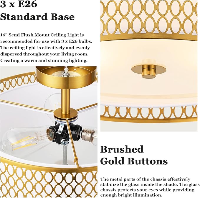 17" Semi Flush Mount Ceiling Light Fixture, 3-Light Gold Light Fixture, Close to Ceiling Light Fixture with White Fabric Lampshade and Gloden Iron Mesh Cage for Dining Room Living Room Bedroom