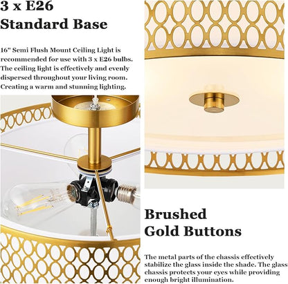 17" Semi Flush Mount Ceiling Light Fixture, 3-Light Gold Light Fixture, Close to Ceiling Light Fixture with White Fabric Lampshade and Gloden Iron Mesh Cage for Dining Room Living Room Bedroom
