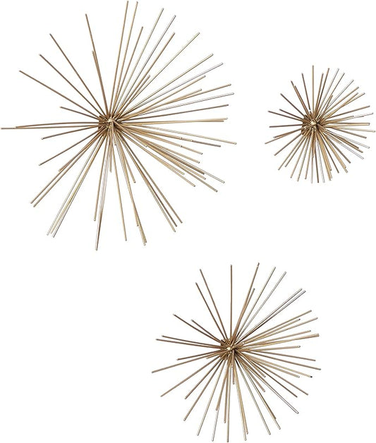 Deco 79 Metal Starburst 3D Long Spike Wall Decor, Set of 3 6", 9", 12"W, Gold