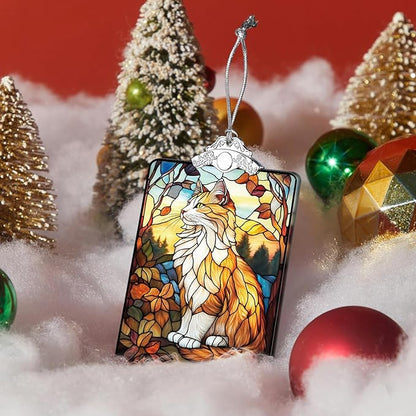 Orange Cat Stained Glass 2025 Christmas Ornament, Autumn Sunset-Inspired Christmas Tree Hanging Decoration for Pet Lovers, or Stocking Stuffer, 3.8 x 2.4 Inch