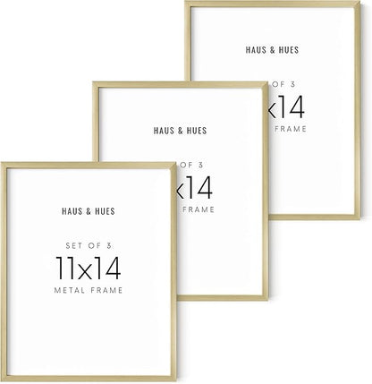 HAUS AND HUES Gold Picture Frames 11x14 - Gold Frames 11x14 Picture Frame Set of 3, Diploma Frames 11x14, Gold Frames for Gallery Wall Frame Set, Metal Picture Frames (Gold Aluminum Frames)