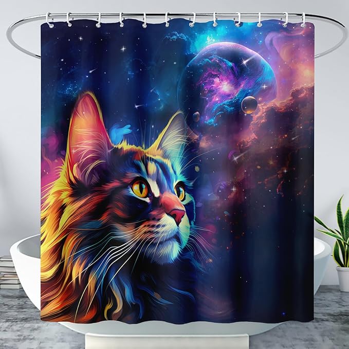 AILONEN Cat Shower Curtains for Kids,Galaxy Cat Curtains Gifts for Cat Lover,Animal Theme Bath Curtains for Bathroom Decor,60" W*72" H Polyester Waterproof with 12 Plastic Hooks
