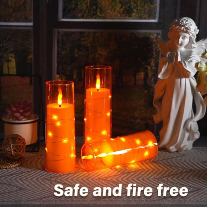 Flameless LED Candles with Timer 5 Pc Flickering Flameless Candles for Romantic Ambiance and Home Decoration Stable Acrylic Shell,with Embedded Star String，Battery Operated Candles（Orange）