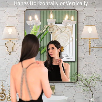 LOAAO 22”X30” Bronze Bathroom Mirrors for Vanity, Rounded Rectangle Brushed Bronze Metal Frame Mirror, Anti-Rust, Hangs Horizontally or Vertically