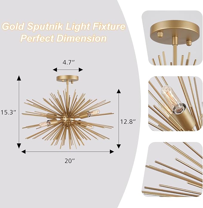 Modern 20" Gold Sputnik Light Fixture 4-Light Modern Semi Flush Mount Ceiling Light Solid Metal Golden Starburst Sputnik Chandelier for Dining Room, Bedroom, Kitchen, Laundry Room, Foyer