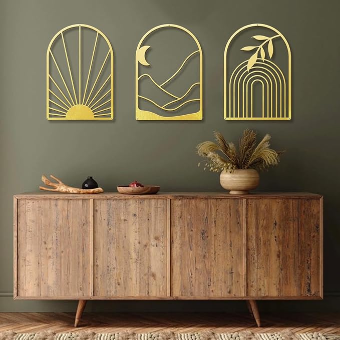 Sokurdeg Boho Metal Wall Art, 3 Pack, 12 x 17 in, Modern Abstract Line Wall Decor for Living Room, Bedroom, Bathroom