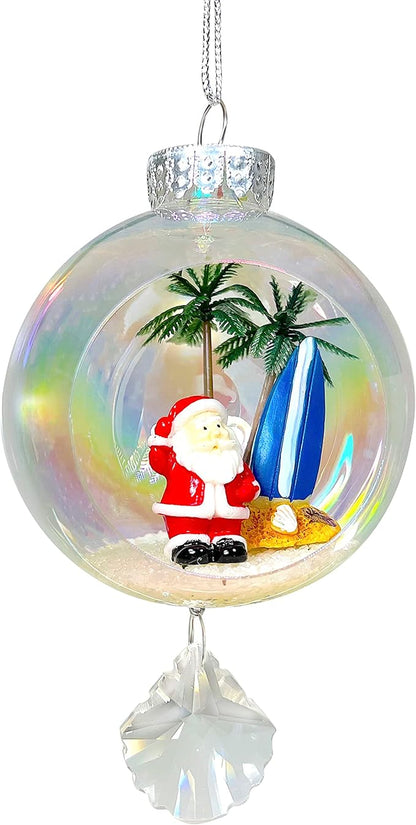 Santa Surf Christmas Ornament - Handmade Shatterproof Decorations for Indoor Outdoor Xmas Tree - Clear Ball Ornaments with Magnetic Crystal - Great Gift or Stocking Stuffer for Mom, Sister, Friend