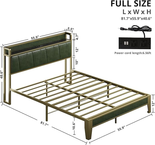 LIKIMIO Full Bed Frame, Storage Headboard with Charging Station, Solid and Stable, Noise Free, No Box Spring Needed, Easy Assembly (Dark Green)