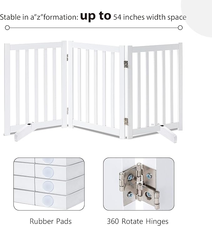 LZRS Solid Hardwood Freestanding Pet Gate,Wooden Dog Gates for Doorways,Nature Wood Dog Gates for The House,Dog Gate for Stairs,Freestanding Indoor Gate Safety Fence,White,30" Height-3 Panels