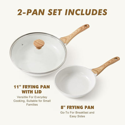 SENSARTE Nonstick Frying Pan Skillets, White Ceramic Coating Omelette Pans, Healthy Cookware Chef's Pan, Free of PTFE & PFAS (8+11Inch with Lid)