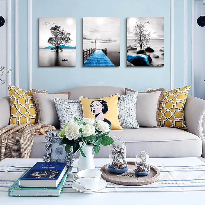 Wall Decorations For Living Room Framed Canvas Wall Art For Bedroom Office Wall Decor Black And White Ocean Landscape Wall Paintings Modern Posters Pictures Artwork For Bathroom Home Decor 3 Piece