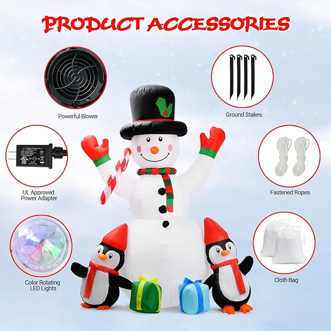 6ft Christmas Inflatables Outdoor Decorations Embrace Snowman and Penguins Built-in Colorful Rotating Led Lights Blow Up Snow Man Wear Magic Hat Yard Decor for Party Indoor Garden Lawn Xmas
