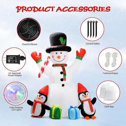6ft Christmas Inflatables Outdoor Decorations Embrace Snowman and Penguins Built-in Colorful Rotating Led Lights Blow Up Snow Man Wear Magic Hat Yard Decor for Party Indoor Garden Lawn Xmas