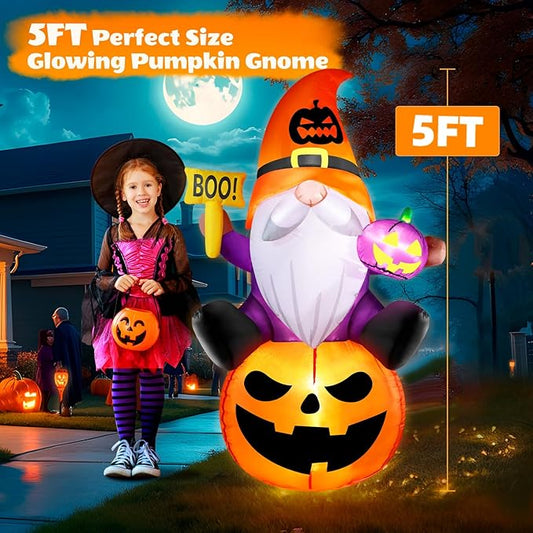 5FT Halloween Inflatables Gnome with Pumpkin Halloween Decoration Outdoor Built-in Brilliant LED Lights, Blow Up Yard Decorations Outdoor Indoor Garden Party Lawn