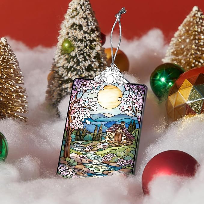 Cottage Landscape Stained Glass Ornament, 2025 Christmas Tree Hanging Decoration for Gift Exchange or Stocking Stuffer, Holiday Decor, 3.8 x 2.4 Inch