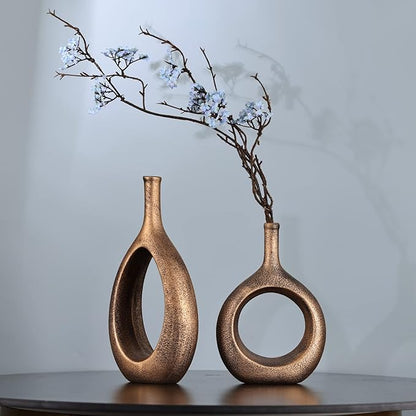 Vintage Gold Ceramic Vase Set 2,Modern Hollow Circle with Hole Flower Vase for Home Decor,for Table Centerpieces,Farmhouse,Fire Place,Living Room,Bedroom,Office,Bookshelf,Rustic Decor
