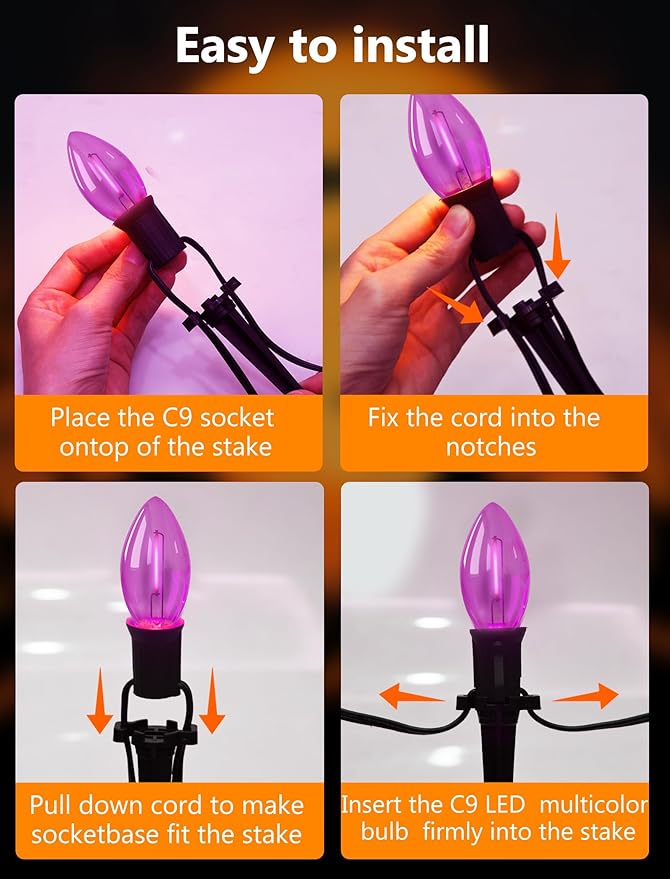 Halloween Stake Lights, 10PK C9 LED Pathway Lights with Purple & Green Bulbs, 19.5ft Outdoor Walkway Lights, Waterproof, Extendable Yard, Driveway, Porch & Garden Halloween Decorations