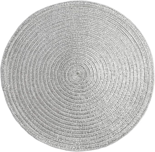 SHACOS Glitter Round Braided Placemats Set of 6 Sparkle Bling Placemats Glitz Table Mats for Home Holiday Party Wedding Festive Table Decoration (6, Silver)