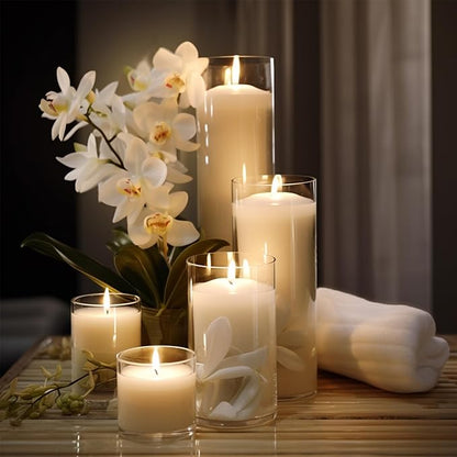 Set of 12 White Pillar Candles with Glass Cylinder Vases Clear Hurricane Glass Candle Holders for Centerpieces Ideal for Weddings Parties and Decor Sandraheer