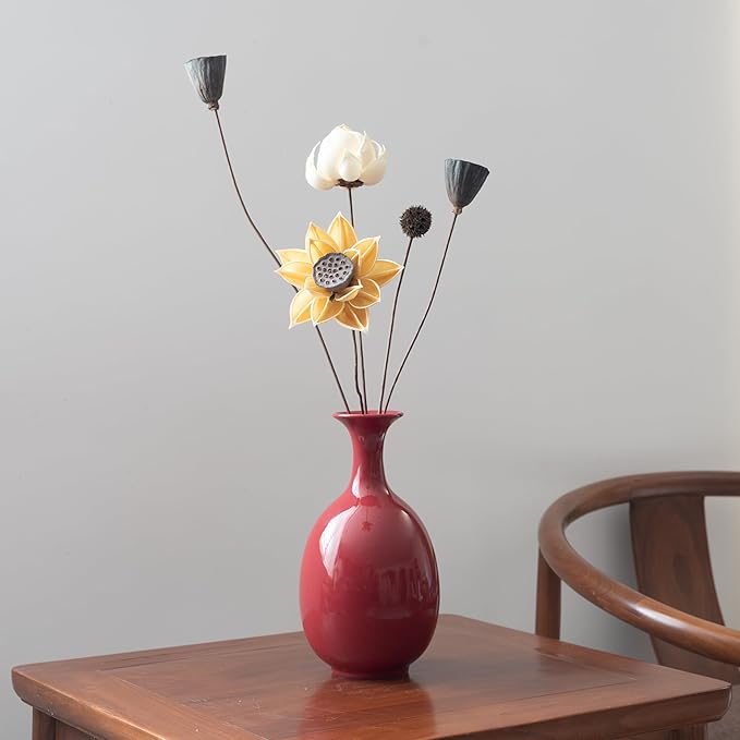 Red Ceramic Vase,8.66 INCH Handmade,Home Decorative Vase, Kitchen, Bedroom, Office, Living Room, Bathroom, Book Shelf Centerpiece Table Decorations (Vermilion Red Without Flowers)