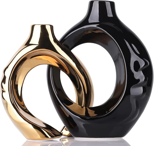 Black Gold Ceramic Vase Set of 2 for Modern Home Decor,Round Boho Vase for Pampas Grass,Neutral Minimalist Vase for Dining Room Table Centerpiece Dining Room,Wedding Table Decoration