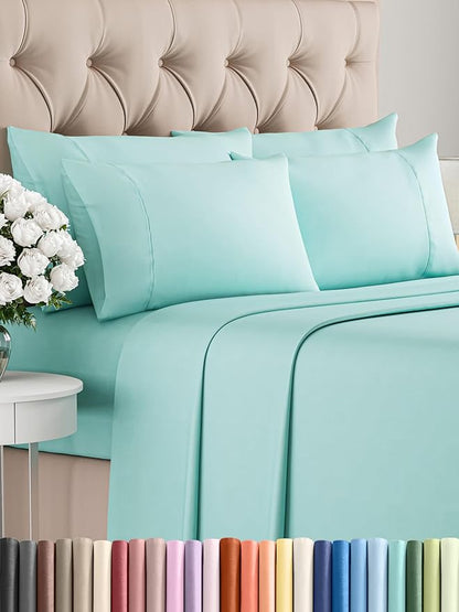 CGK Linens King 6 Piece Sheet Set - Cooling Sheets for Hot Sleepers - Hotel Luxury Bedding Set w/ 8-16 Inch Deep Pockets - 1 Flat & 1 Fitted & 4 Pillowcases - Soft, Comfy and Wrinkle Free - Spa Blue