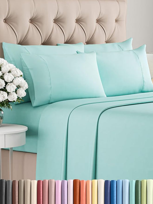 CGK Linens King 6 Piece Sheet Set - Cooling Sheets for Hot Sleepers - Hotel Luxury Bedding Set w/ 8-16 Inch Deep Pockets - 1 Flat & 1 Fitted & 4 Pillowcases - Soft, Comfy and Wrinkle Free - Spa Blue