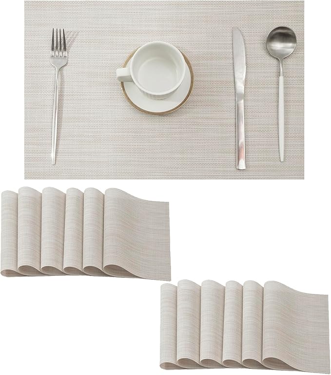 Leetaltree Beige White Placemats Set of 12 - Heat Resistant Non-Slip Place mats for Dining Table, Washable Durable PVC Vinyl Woven Table Mats（Beige White, 12）