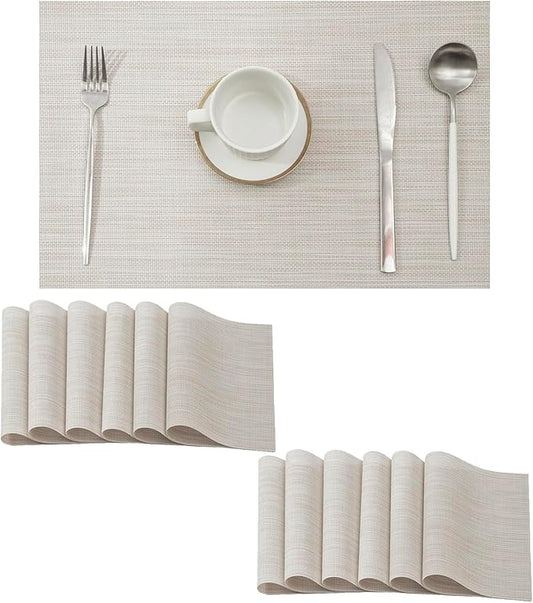 Leetaltree Beige White Placemats Set of 12 - Heat Resistant Non-Slip Place mats for Dining Table, Washable Durable PVC Vinyl Woven Table Mats（Beige White, 12）