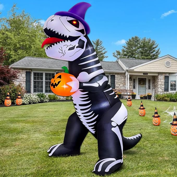 8 FT Halloween Inflatable Decoration, Built in LED Lights Blow Up Skeleton Dinosaur Holds a Pumpkin Decorations for Halloween Party, Indoor, Outdoor, Garden, Yard Lawn Décor