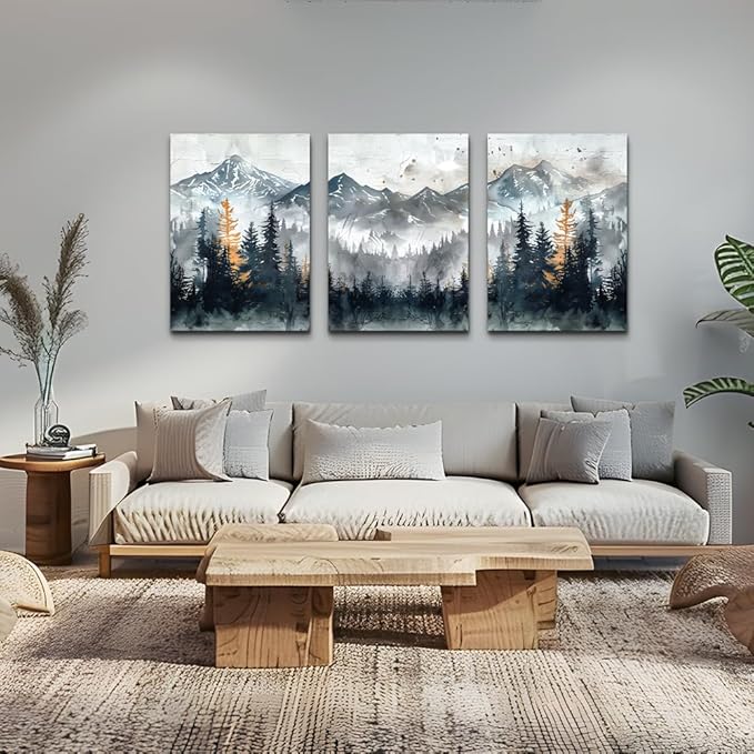 DZRWUBHS Large Canvas Wall Art Prints Modern Wall Decor for Bedroom Wall Art Living Room Office Poster Mountain Landscape Wall Picture Foggy Forest Vintage Paintings Home Decor Ready To Hang 3 Piece
