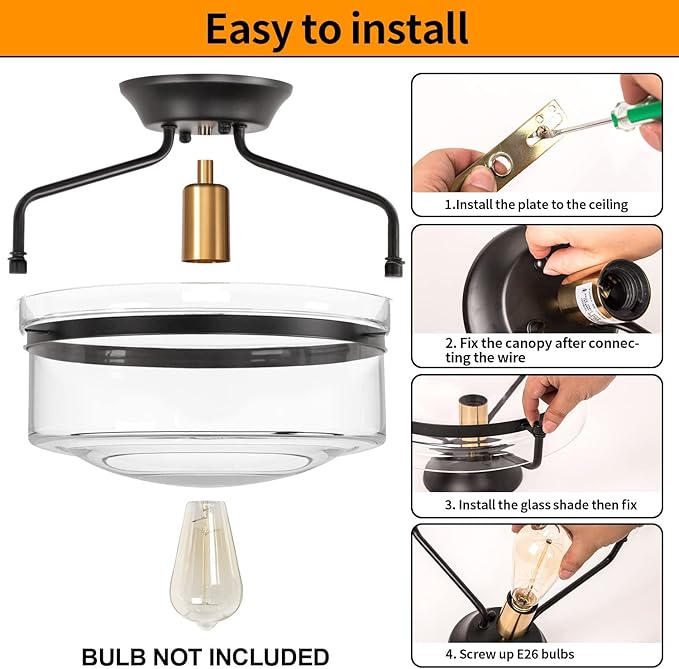 Semi Flush Mount Ceiling Light, 14.2" Farmhouse Fixture, Industrial Black and Gold Finish With Clear Glass for Hallway, Porch, Kitchen