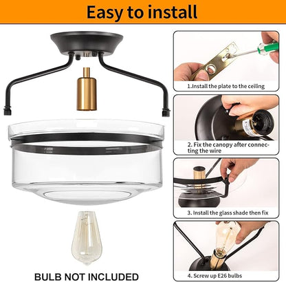 Semi Flush Mount Ceiling Light, 14.2" Farmhouse Fixture, Industrial Black and Gold Finish With Clear Glass for Hallway, Porch, Kitchen