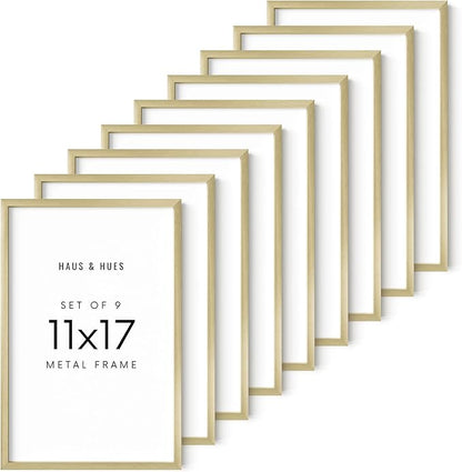 HAUS AND HUES 11x17 Gold Metal Picture Frames - Features Premium Aluminum, Vertical & Horizontal Hang, Shatterproof Plexiglass - Perfect for Home, Room, Office (11x17 in, Gold, Set of 9)