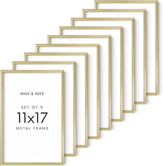 HAUS AND HUES 11x17 Gold Metal Picture Frames - Features Premium Aluminum, Vertical & Horizontal Hang, Shatterproof Plexiglass - Perfect for Home, Room, Office (11x17 in, Gold, Set of 9)