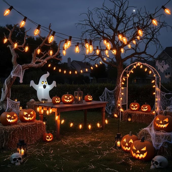 25 Pack C9 Clear Orange Light Bulbs,Orange Halloween Incandescent Bulbs for Indoor Outdoor Halloween Party Outside Lights,C9/E17 7Watt Chandeliers and Night Light Bulb
