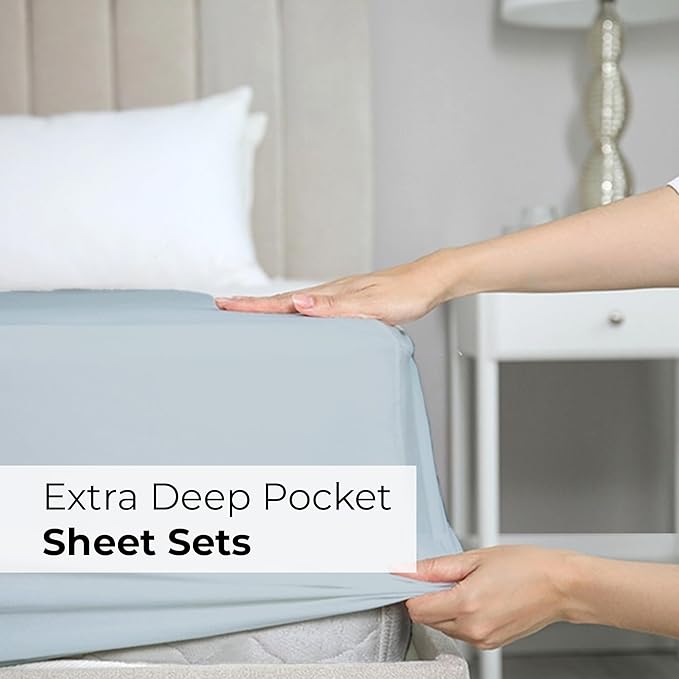 Extra Deep Cal King Sheet Set - 6 Piece Breathable and Cooling Sheets - Hotel Luxury Bed Sheets Set - Easy Fit - Soft, Wrinkle Free and Comfy Sheets Set - Ice Blue Sheet Set with Extra Deep Pockets