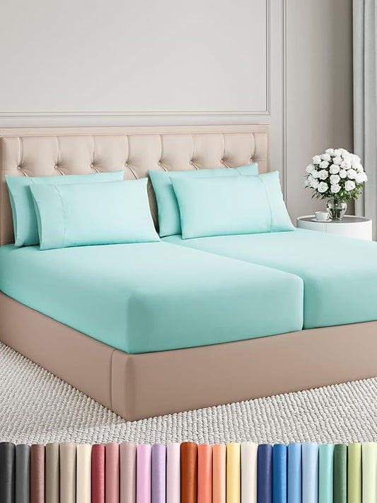CGK Linens Split King 7 Piece Sheet Set - Cooling Sheets for Hot Sleepers - Hotel Luxury Bedding Set with 8-16 Inch Deep Pockets - 1 Flat & 2 Fitted & 4 Pillowcases - Soft & Wrinkle Free - Split King