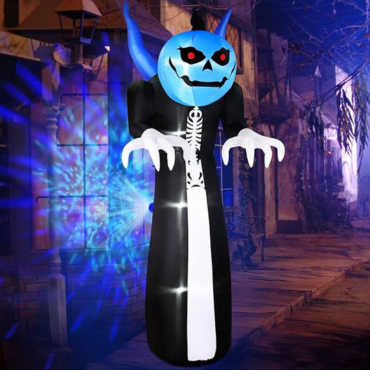 12FT Halloween Inflatables Pumpkin Reaper, Giant Pumpkin Ghost Inflatable Halloween Decorations with Blue Rotating LED Lights Blow Up Yard Decorations for Holiday Party Outdoor Garden Lawn