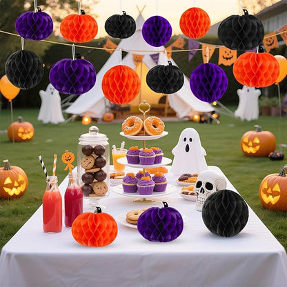 15Pcs Halloween Honeycomb Decorations, Orange Purple Black Pumpkin Paper Honeycomb Balls Halloween Hanging Ornaments for Party Favor Supplies